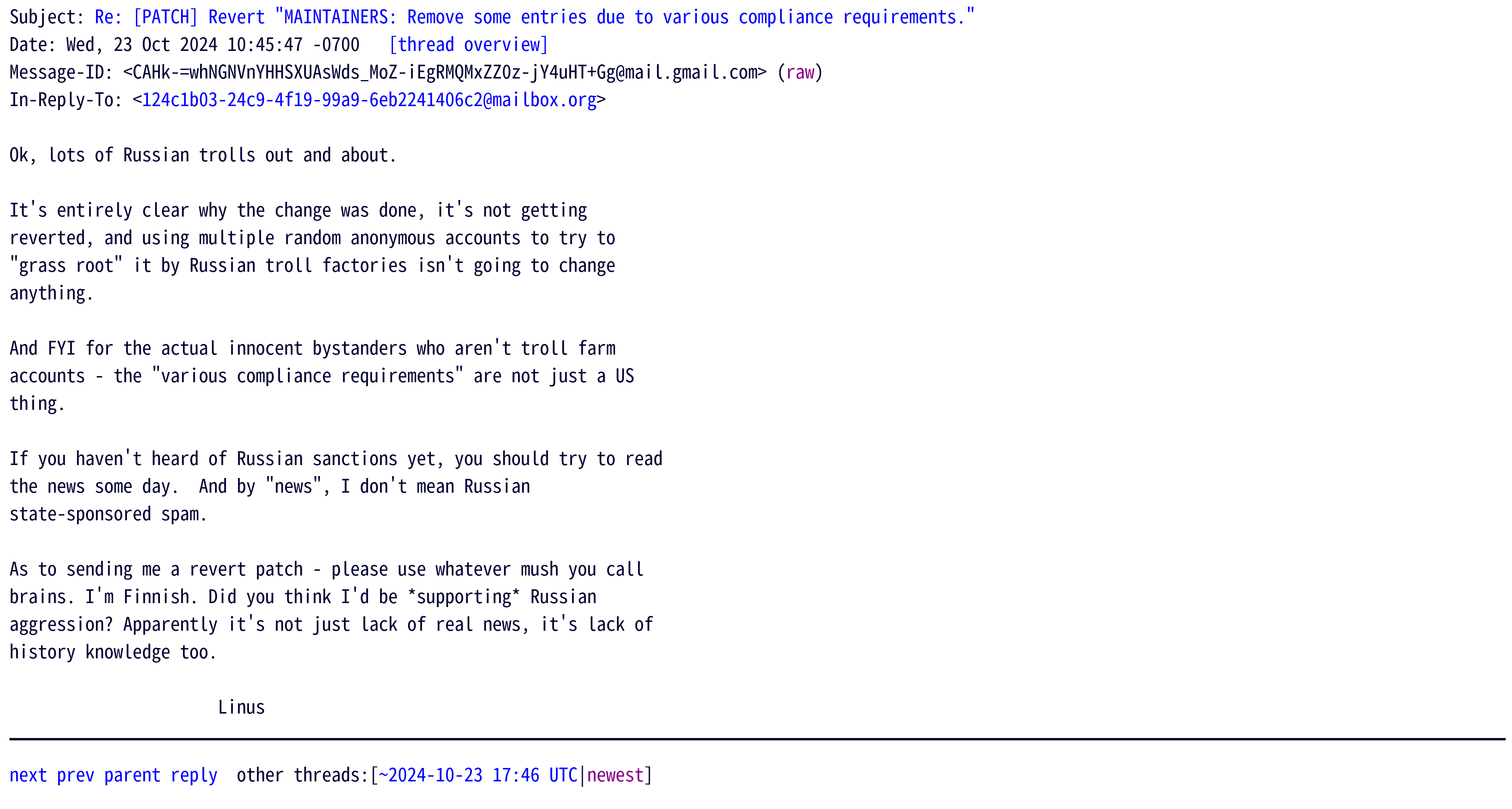 Linus Torvalds 关于革除数名俄罗斯籍内核贡献者、子系统维护者的公开声明